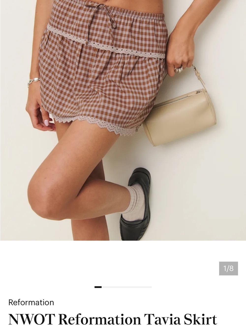 Reformation Brown Gingham Lace-Trim Mini Skirt